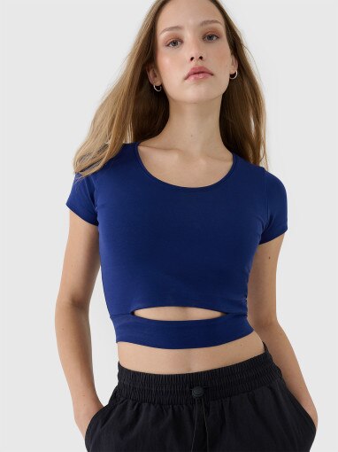 Damski t-shirt crop top 4F 4FRSS25TTSHF2695 - granatowy